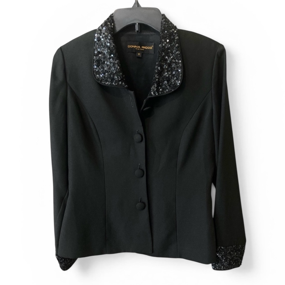 Black Blazer Jacket Size 6 Donna Ricco Sequined Collar & Cuffs Women's 4 Button